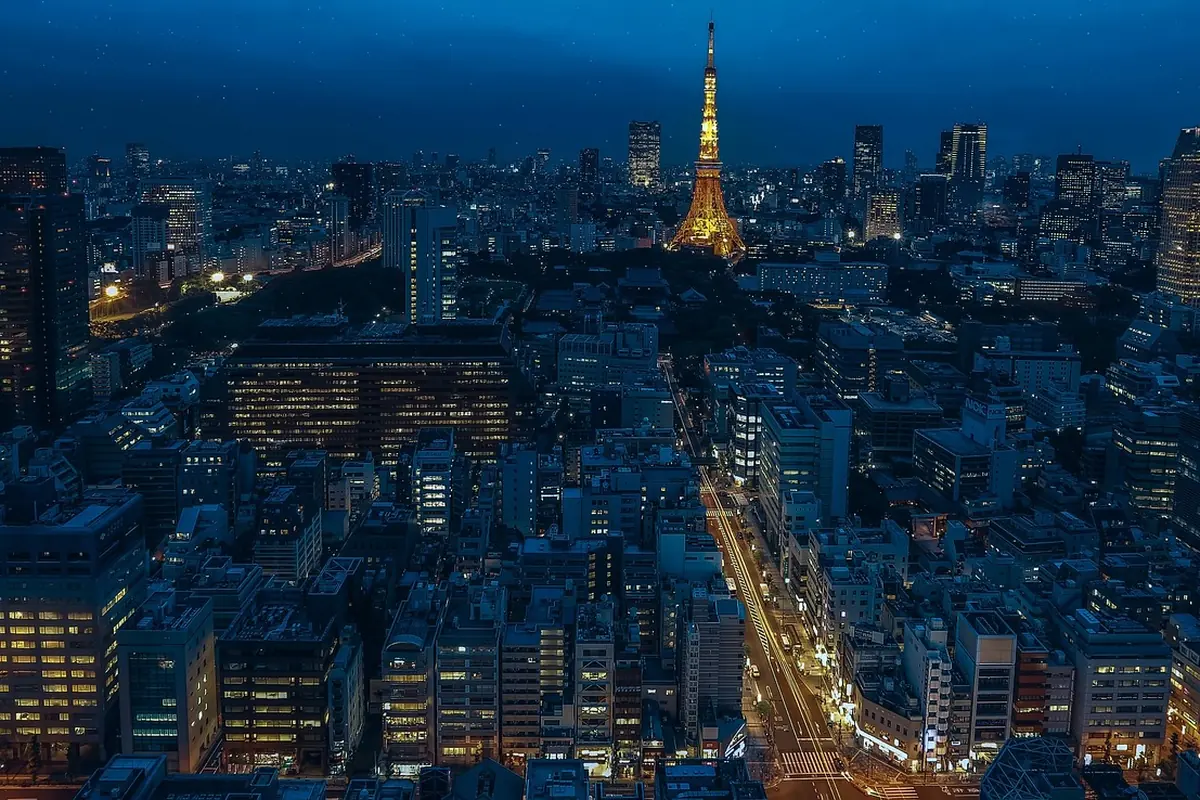 Tokyo at night seen from above, with Tokyo Tower