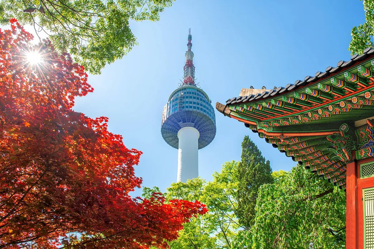紅葉と伝統建築の軒越しに見るNソウルタワー