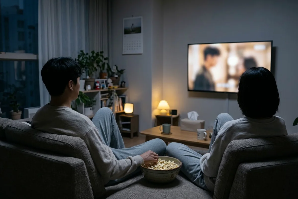 소파에 나란히 앉아 드라마를 보는 두 사람