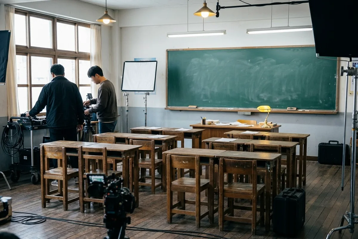 칠판과 나무 책상이 있는 교실 세트