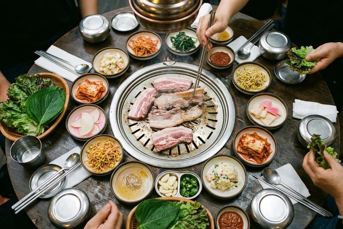 숯불 위 삼겹살과 반찬이 차려진 고깃집 상