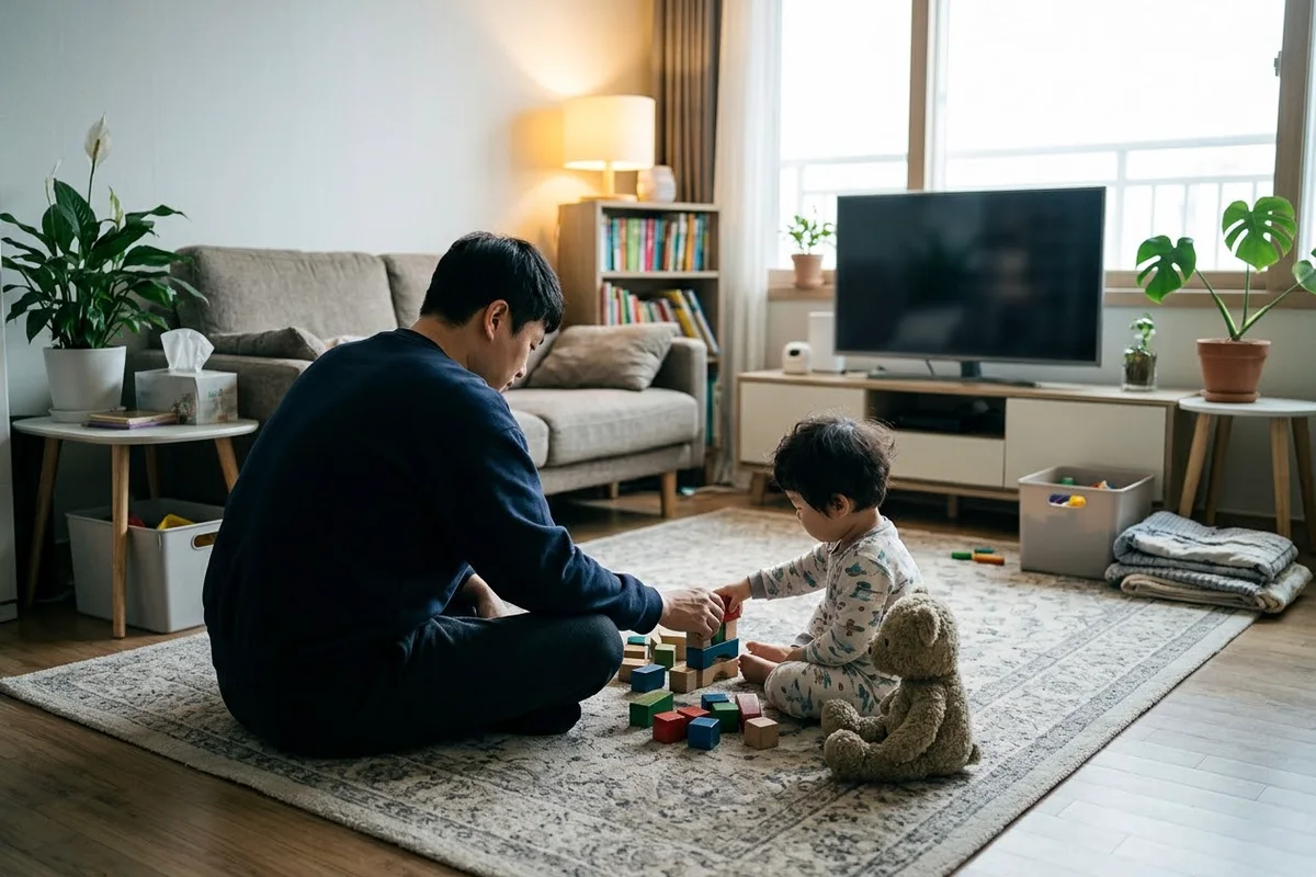 거실에서 아이와 블록을 쌓는 아빠