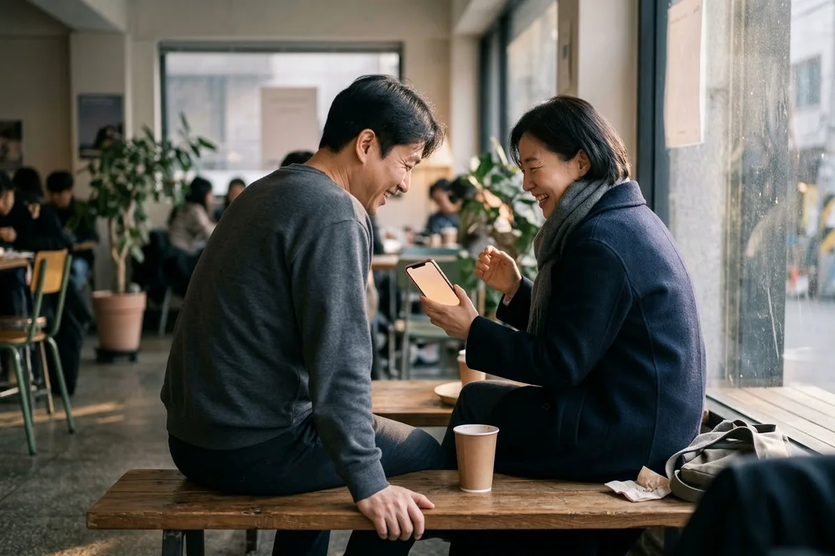 카페에서 휴대폰을 함께 보며 웃는 두 사람
