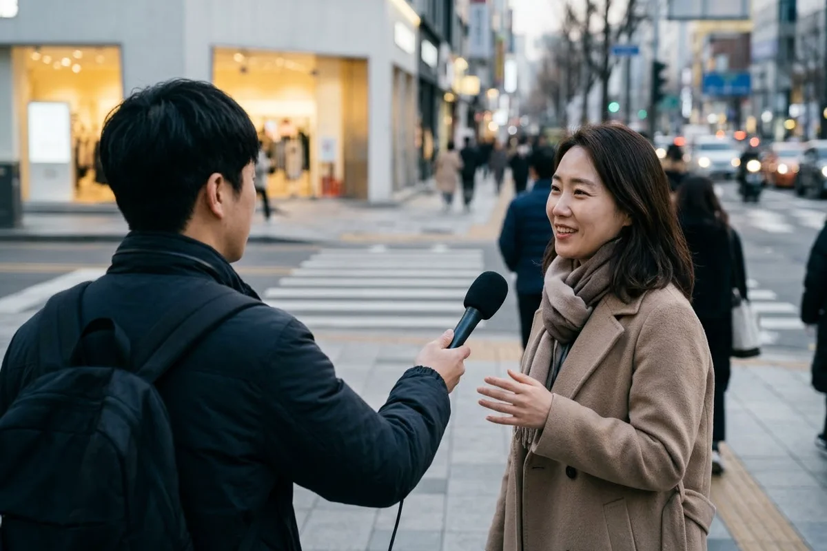 길거리에서 마이크를 든 진행자와 시민